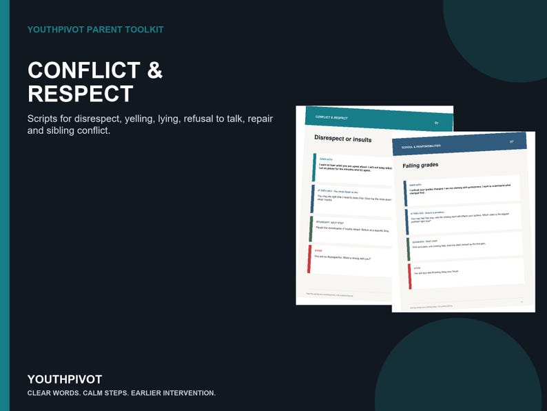 Puede incluir: El kit de herramientas para padres YouthPivot titulado Conflict & Respect presenta p&aacute;ginas impresas con guiones para abordar la falta de respeto, los gritos, las mentiras, la negativa a hablar, la reparaci&oacute;n y los conflictos entre hermanos.