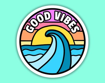 Good Vibes Sunset Wave Sticker, Waterproof Vinyl Decal, Beach Lover Surf Gift