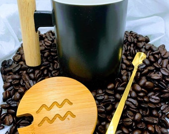 Aquarius Black Coffee Mug, Mug with Stirring Spoon and Bamboo Lid/Coaster, Custom Mug Set, Engraved Lid 12 oz Mug, Coffee Lover, Zodiac Gift