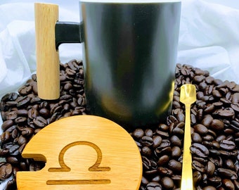 Libra Black Coffee Mug, Mug with Stirring Spoon and Bamboo Lid/Coaster, Custom Mug Set, Engraved Lid 12 oz Mug, Coffee Lover, Zodiac Gift