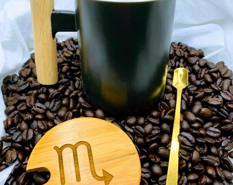 Scorpio Black Coffee Mug, Mug with Stirring Spoon and Bamboo Lid/Coaster, Custom Mug Set, Engraved Lid 12 oz Mug, Coffee Lover, Zodiac Gift