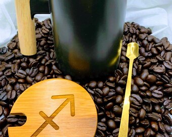 Sagittarius Black Coffee Mug, Mug with Stirring Spoon and Bamboo Lid/Coaster, Custom Mug Set, Engraved Lid 12 oz Mug, Coffee Lover, Zodiac