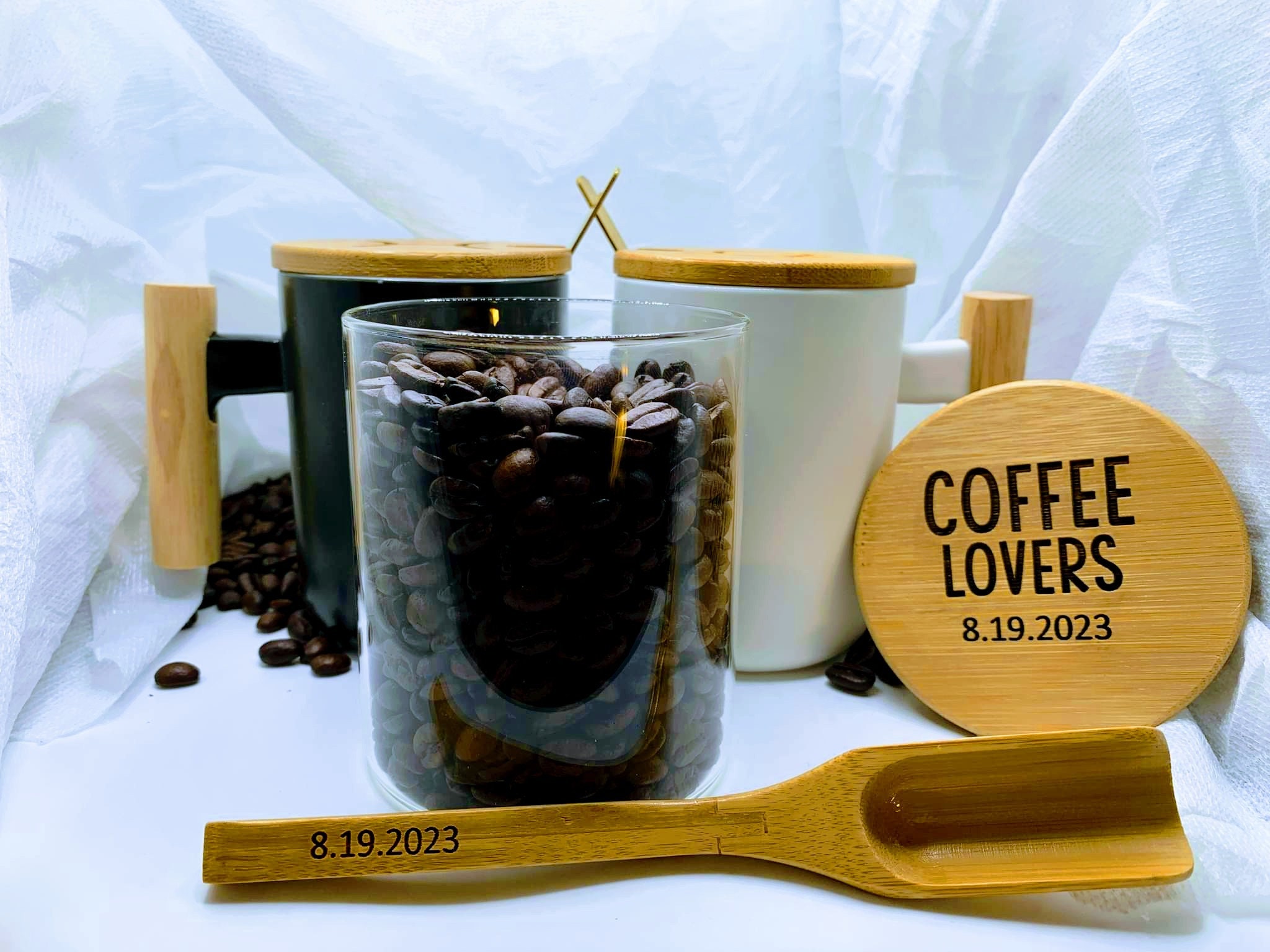 Personalized Coffee Lovers Gift Set, Engraved Coffee Mugs Container and