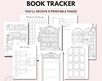 May include: Printable book tracker pages with illustrations of bookshelves and a 100 book challenge, best of year, alphabet challenge, and best of month trackers.