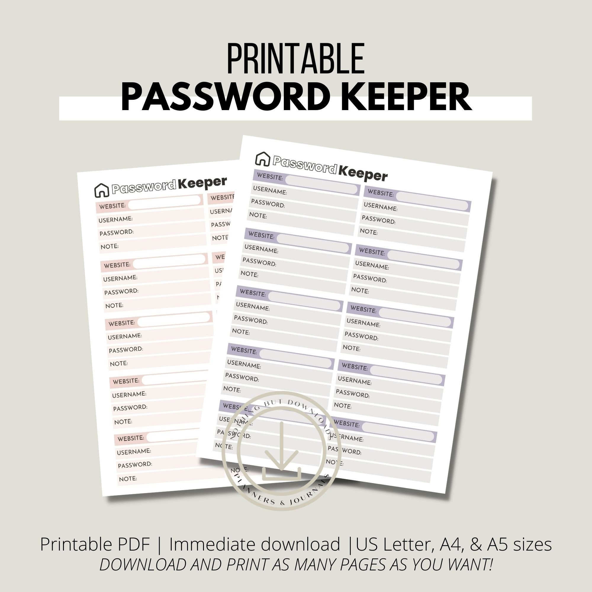 Papper Password Log Printable Password Log Pages | Keep Track of Your Passwords | Planner ...