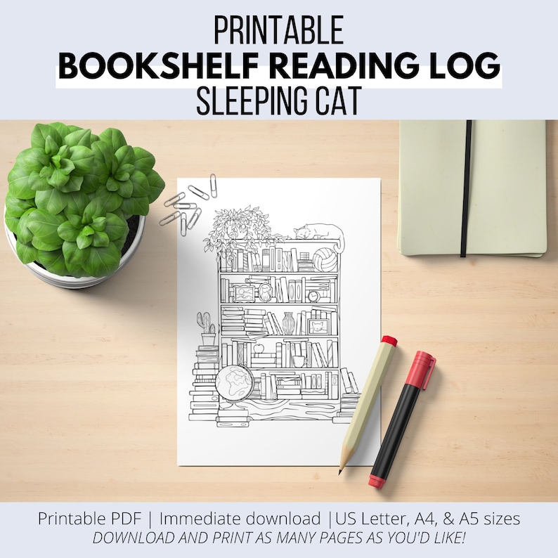 Sleeping Cat Bookshelf Book Tracker Printable Planner Insert Reading ...