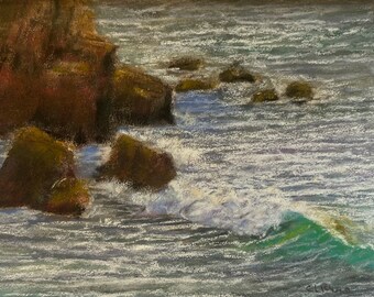 Rocky Seascape, an original soft pastel painting by C.L. Russo