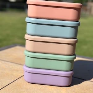 May include: A stack of five rectangular lunch boxes in various pastel colors, including pink, blue, beige, green, and purple. The boxes are made of a smooth, durable material and are perfect for storing snacks or small items.