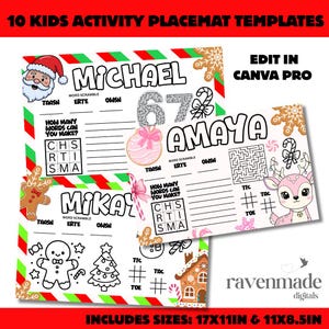 May include: Christmas-themed activity placemat templates for kids. The design includes word scrambles, mazes, and coloring activities. The placemats feature names like Michael, Amaya, and Mikay. Includes sizes 17x11 inches and 11x8.5 inches.