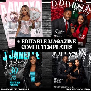 May include: Four magazine cover templates with different designs. The covers feature photos of people and text such as "What's New For 2026" and "Holiday Edition." The text "4 EDITABLE MAGAZINE COVER TEMPLATES" is in the center.