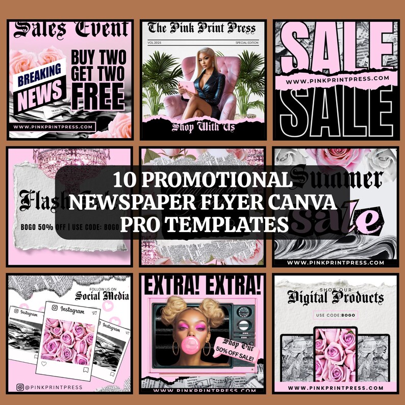 Pink Newspaper Social Media Flyer Templates: Promo Graphics, Social ...