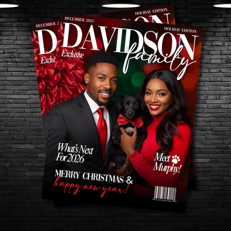 May include: Magazine cover featuring a smiling couple and a small black dog wearing a red bow tie. The magazine title is "D DAVIDSON Family" with "Holiday Edition" and "December 2025" text. Additional text includes "What's Next For 2026" and "Merry Christmas & happy new year!"