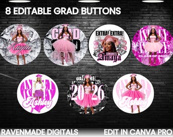 8 Editable Grad Button Templates, Graduation Pin Designs, Senior Class of 2026 Photo Button Digital Download
