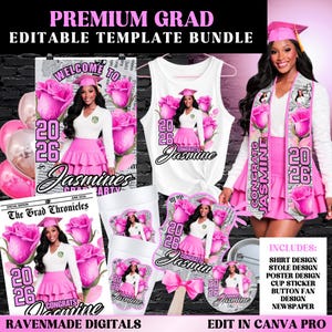 May include: A graduation-themed template bundle featuring a woman in a pink graduation outfit. The design includes a shirt, stole, poster, cup sticker, button, fan, and newspaper template. The text includes "PREMIUM GRAD", "EDITABLE TEMPLATE BUNDLE", and "CONGRATS Jasmine".