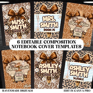 Plantillas de portadas de cuadernos con estampado de leopardo, 6 diseños de portadas de cuadernos de composición editables para la escuela y los estudiantes.