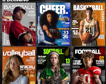 Editable Sports Magazine Template Bundle, Senior Athlete Magazine Covers, Team Poster Templates, Sports Templates, 6 Designs