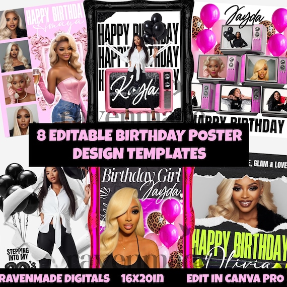 Birthday Poster Templates 16x20, 8 Editable Party Welcome Sign & Photo Collage Designs Download