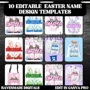 Editable Easter Bunny Name Tag Templates, 10 Personalized Rabbit Name Designs for Baskets, Shirts & Gift Labels