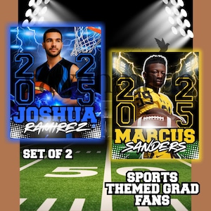May include: Set of two sports-themed graduation fan designs. One features a basketball player, Joshua Ramirez, and the other a football player, Marcus Sanders, both with the year 2025. The background includes lightning bolts and a football field.