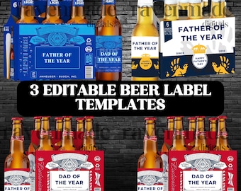Editable Fathers Day Beer Label Templates, 3 Bottle & 6 Pack Case Sticker Designs DIY Gift for Dad Digital Download