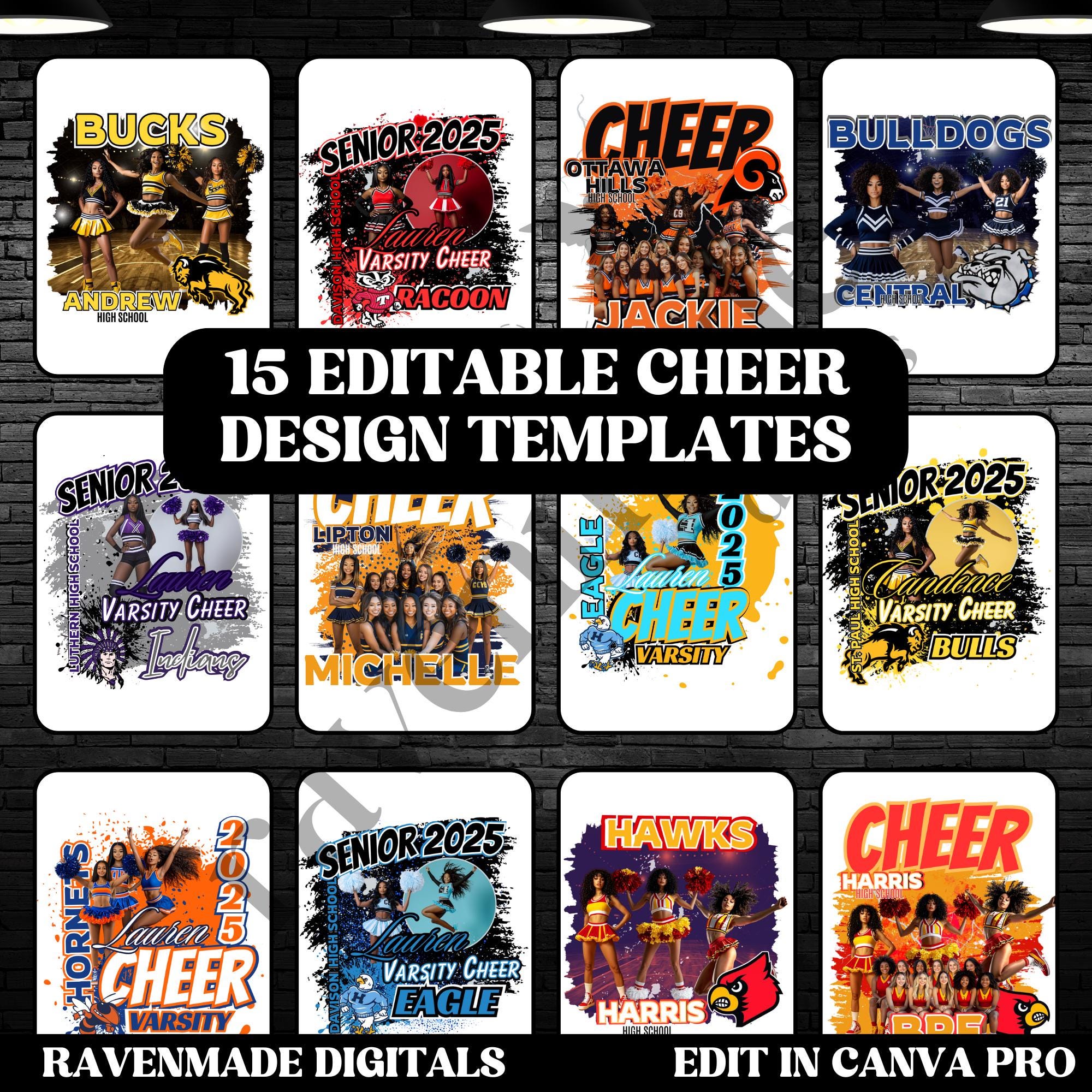 Cheer Design Cheerleader Shirt Design Bundle, 15 Editable Cheer Templates for ...