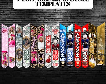 Editable Graduation Stole Templates, 7 Class of 2026 Grad Sash Designs for Custom Senior Stoles Download