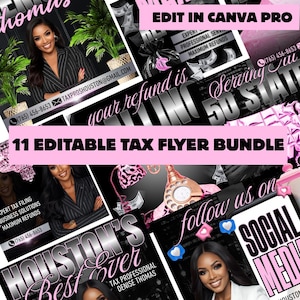 Może przedstawiać: Zestaw 11 edytowalnych szablonów ulotek podatkowych. Projekt zawiera kobietę w garniturze, różowe akcenty oraz tekst "Edit in Canva Pro" i "Serving 50 States". Ulotki są przeznaczone dla profesjonalistów podatkowych.