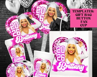 Editable Grad Party Bundle, Graduation Gift Bag, Fan, Cup and Button Templates, Class of 2026 Digital Download