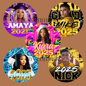 May include: Five graduation-themed circular designs featuring portraits of young adults. Each design includes a name and the year 2025. The designs incorporate floral and abstract backgrounds in various colors, including purple, blue, and yellow.