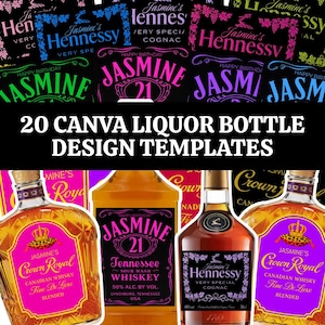 20 Liquor Bottle Sticker Canva Templates | Editable Name Labels | 3 Bottle Types in 7 Colors | Digital Download | Party Printables PNGs