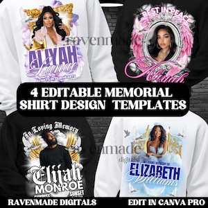 Modèles modifiables de chemise commémorative, 4 modèles de photos RIP pour funérailles et célébration de la vie en téléchargement numérique