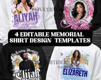 Editable Memorial Shirt Templates, 4 Funeral & Celebration of Life RIP Photo Designs Digital Download