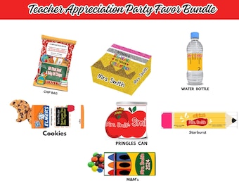 May include: A Teacher Appreciation Party Favor Bundle featuring a variety of items. Includes a chip bag, cookies, a water bottle, a can of Pringles, a Starburst candy, and M&M's. Each item is decorated with teacher-themed designs and the name "Mrs. Smith".