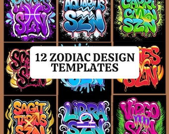 Zodiac Sign Templates Bundle, 12 Editable Astrology Graffiti Style Shirt & Sublimation Designs Download