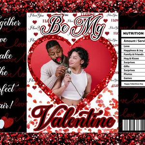 May include: A Valentine's Day themed design featuring a red heart shape containing a photo of a couple. The text "Be My Valentine" is written in large, bold letters. The background is a white and red pattern of hearts.