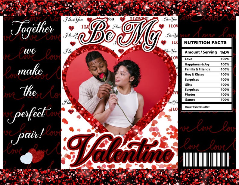 May include: A Valentine's Day themed design featuring a red heart shape containing a photo of a couple. The text "Be My Valentine" is written in large, bold letters. The background is a white and red pattern of hearts.