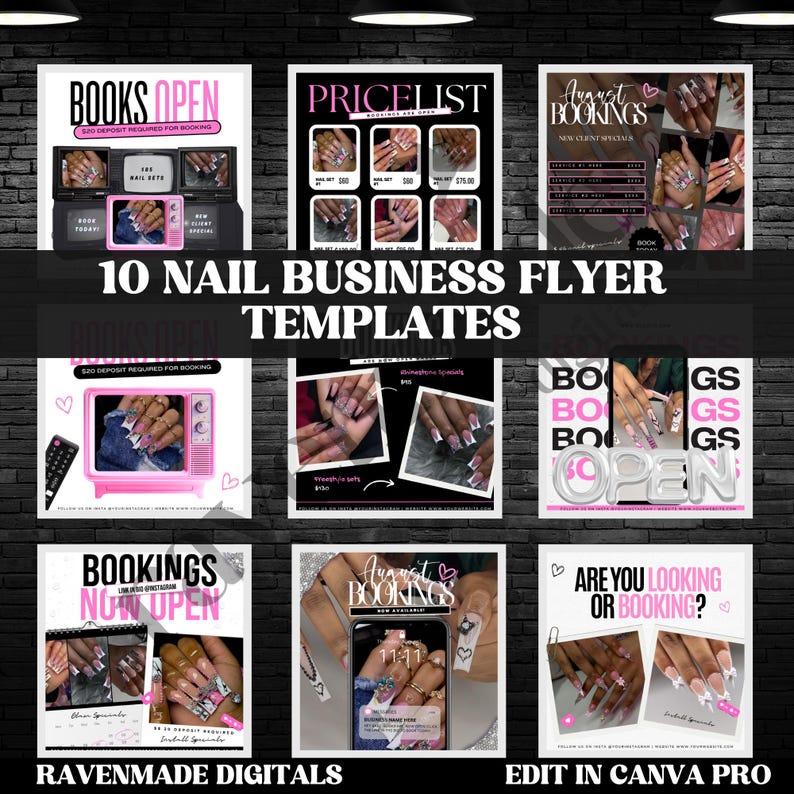 Paket med mallar för nagelföretagsflyers, 10 redigerbara designer för nagelteknik och salongsreklam för nedladdning bild 1