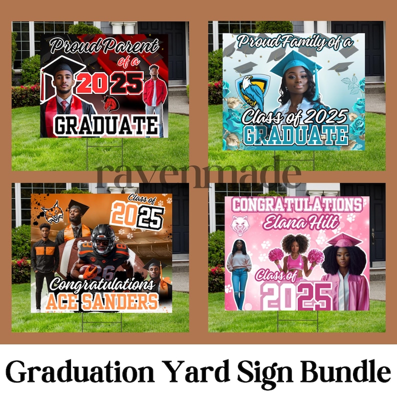 May include: A set of four graduation yard signs featuring different designs. The signs are printed on corrugated plastic and have a variety of colors and graphics, including a graduation cap, a football, and a cheerleader. The signs also include the text "Class of 2025" and "Graduate".