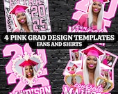 Pink Graduation Templates Bundle 2026 UPDATED, 4 Editable Grad Shirt & Fan Sign Designs Class of 2026 Download