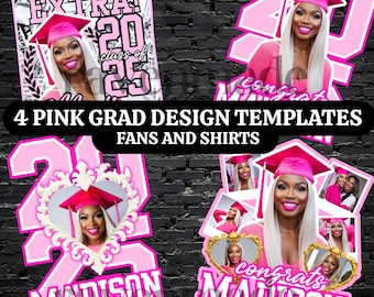 Pink Graduation Templates Bundle 2026 UPDATED, 4 Editable Grad Shirt & Fan Sign Designs Class of 2026 Download