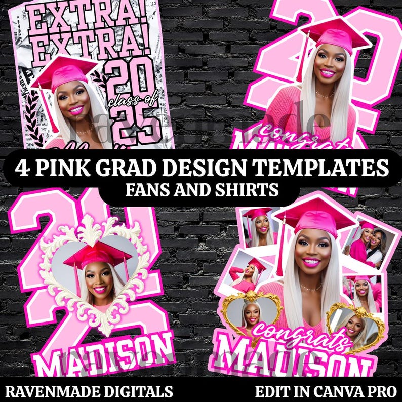 Pack de modèles roses pour la remise des diplômes 2027 (mis à jour) : 4 modèles modifiables pour t-shirts et pancartes de fin d’études (promotion 2027), téléchargement numérique image 1