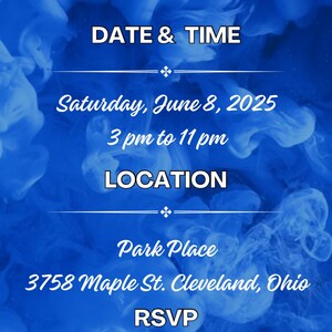 Puede incluir: Una invitaci&oacute;n azul y blanca con el texto "Detalles" en una fuente decorativa. La invitaci&oacute;n incluye la fecha y la hora de un evento: s&aacute;bado 8 de junio de 2025, de 3 pm a 11 pm. La ubicaci&oacute;n es Park Place, 3758 Maple St. Cleveland, Ohio. La informaci&oacute;n de RSVP es Alice (440) 123-4567.