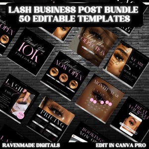 Plantillas para redes sociales de negocios de pestañas, 50 publicaciones editables de tecnología de pestañas para Instagram y marketing de belleza, diseños de volantes para pestañas, descarga