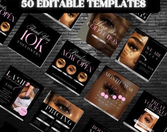Lash Business Social Media Templates, 50 Editable Lash Tech Instagram & Beauty Marketing Post, Lash Flyer Designs Download