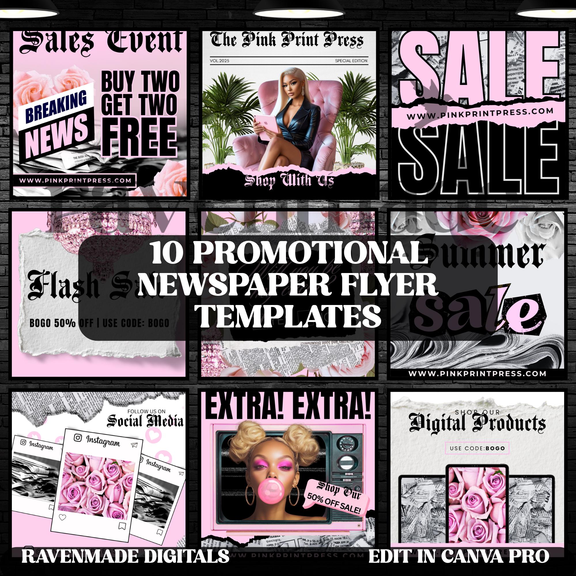 Pink Newspaper Social Media Sale Templates Bundle, 10 Editable Promo ...