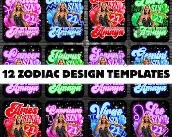 Zodiac Design Templates Bundle | 12 Editable Astrology Graphics for Shirts, Tumblers, and Party Decor | PNG included