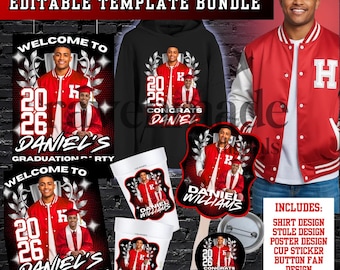 Red Graduation Template Bundle 2026, Editable Shirt, Stole, Poster, Fan, Cup Sticker & Newspaper Designs