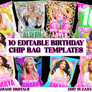 Geburtstags-Chip-Beutel-Vorlagen Bundle, 10 bearbeitbare Girly Party Favor & Treat Bag Designs herunterladen
