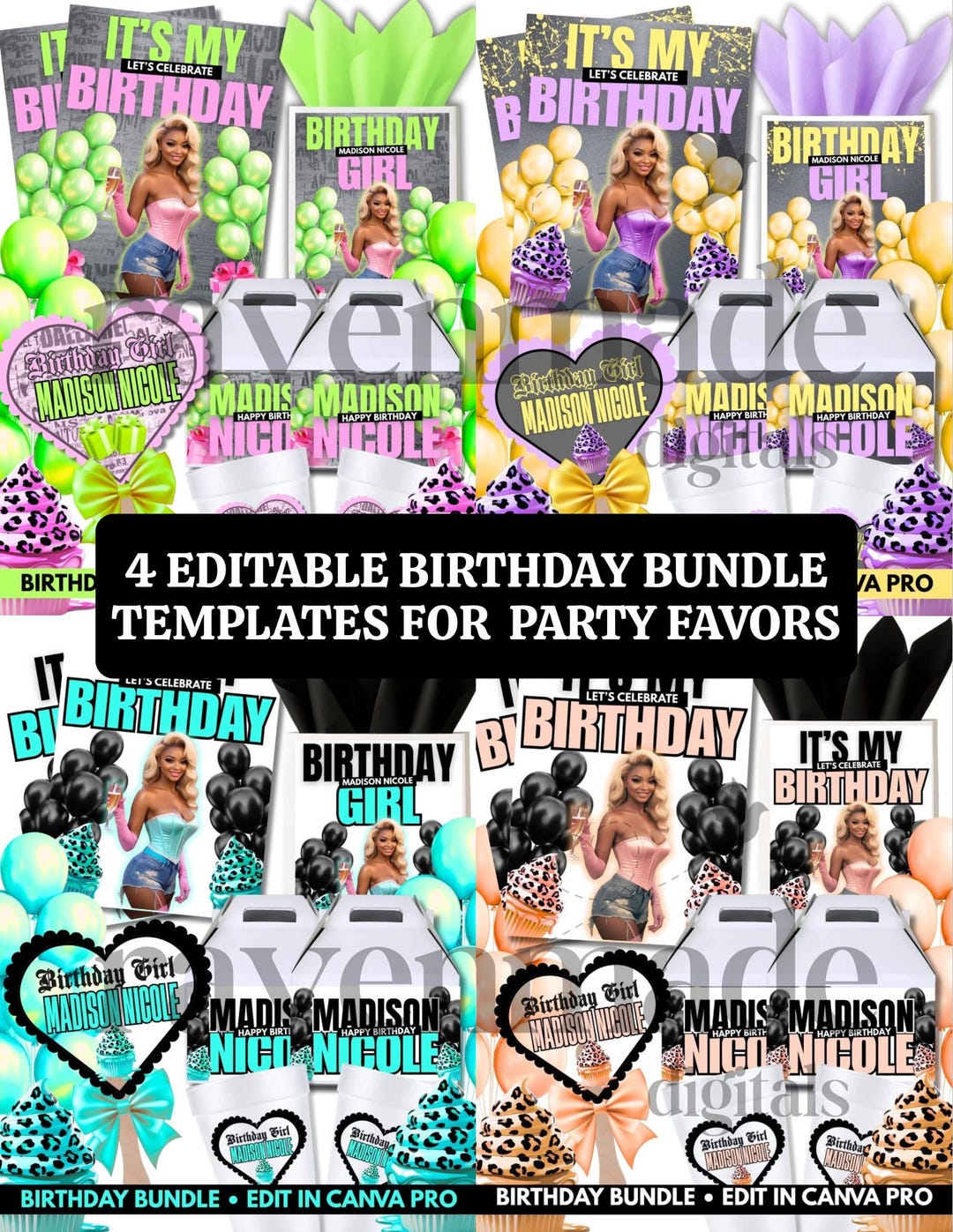 Party Favor Bundle Templates, 4 Editable Birthday Party Printable Sets ...