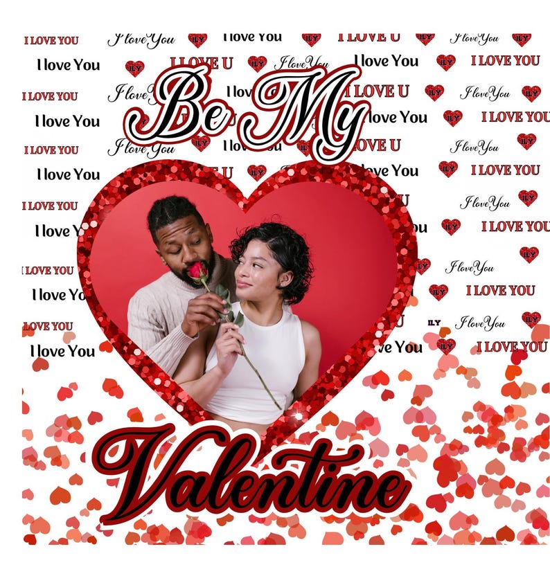 May include: A red heart-shaped frame with a couple inside, surrounded by a white background with red hearts. The text "Be My Valentine" is written in black cursive letters above the frame.